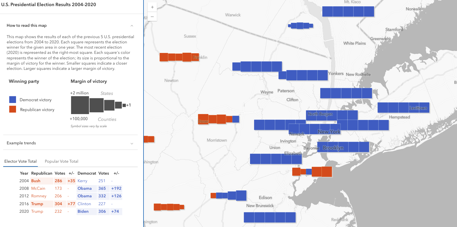 One of the current issues with the visualization is how to adjust for symbol overlap, especially at large scales. Adding a faint outline with drop shadow helps with readability. Symbol size ranges may need to be adjusted to further improve the readability.